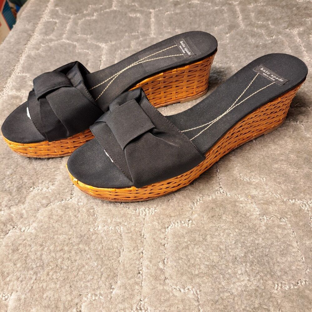 Kate Spade Platform Wedge Sandals WOMENS SIZE 10B Black Bow Basket Weave Formal - Picture 2 of 14